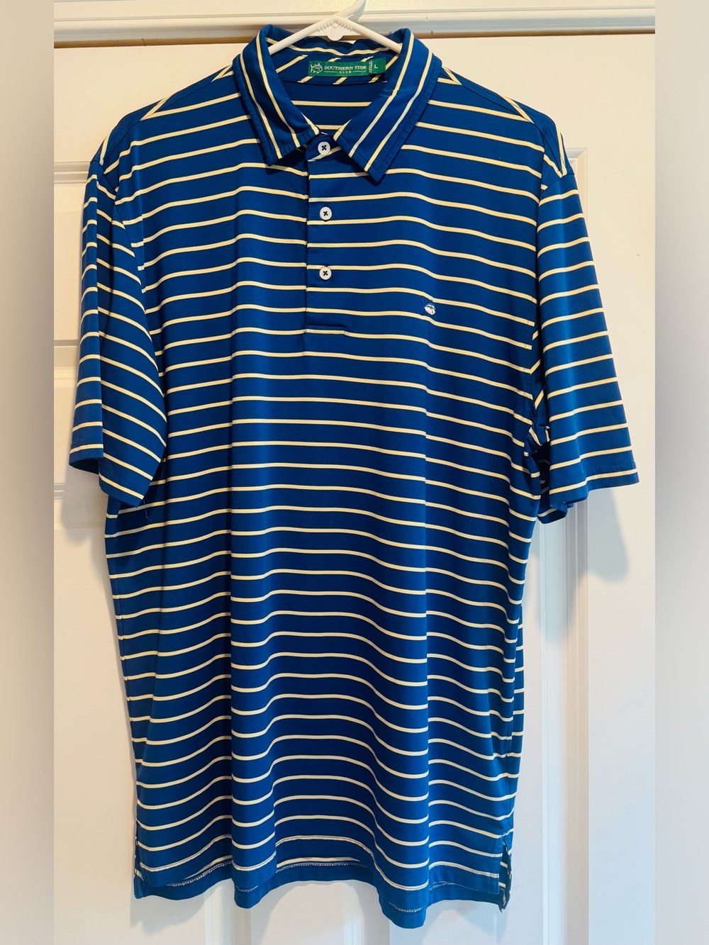 Southern Tide Blue and Pale Yellow Striped Polo Shirt
